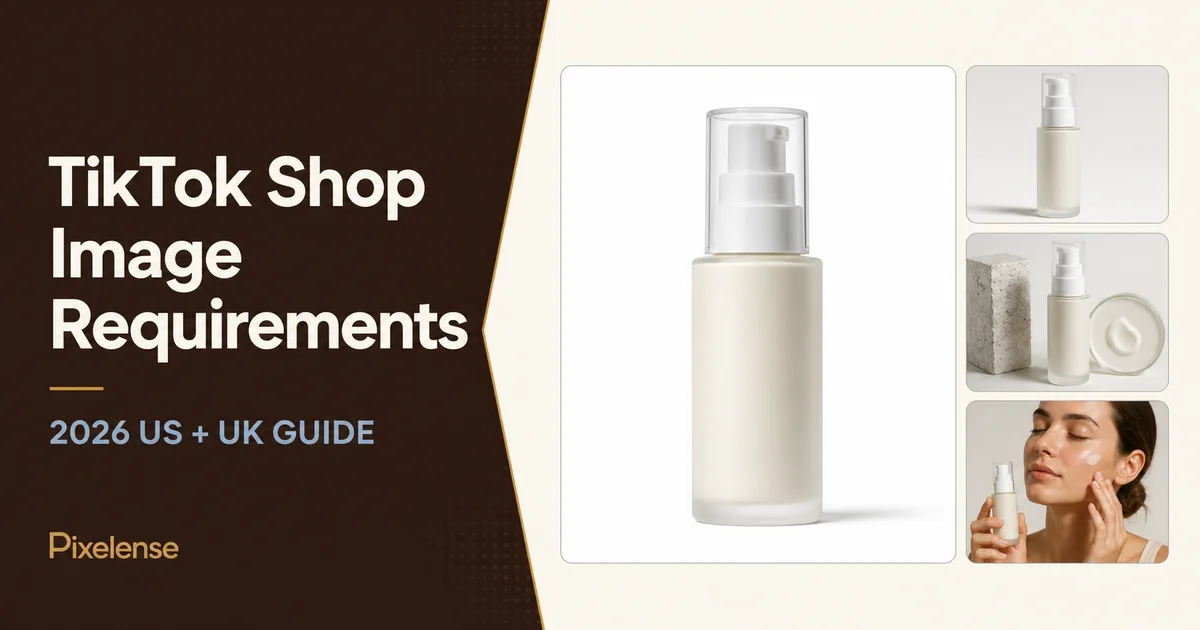 TikTok Shop product image requirements guide with white-background skincare listing image and secondary image examples