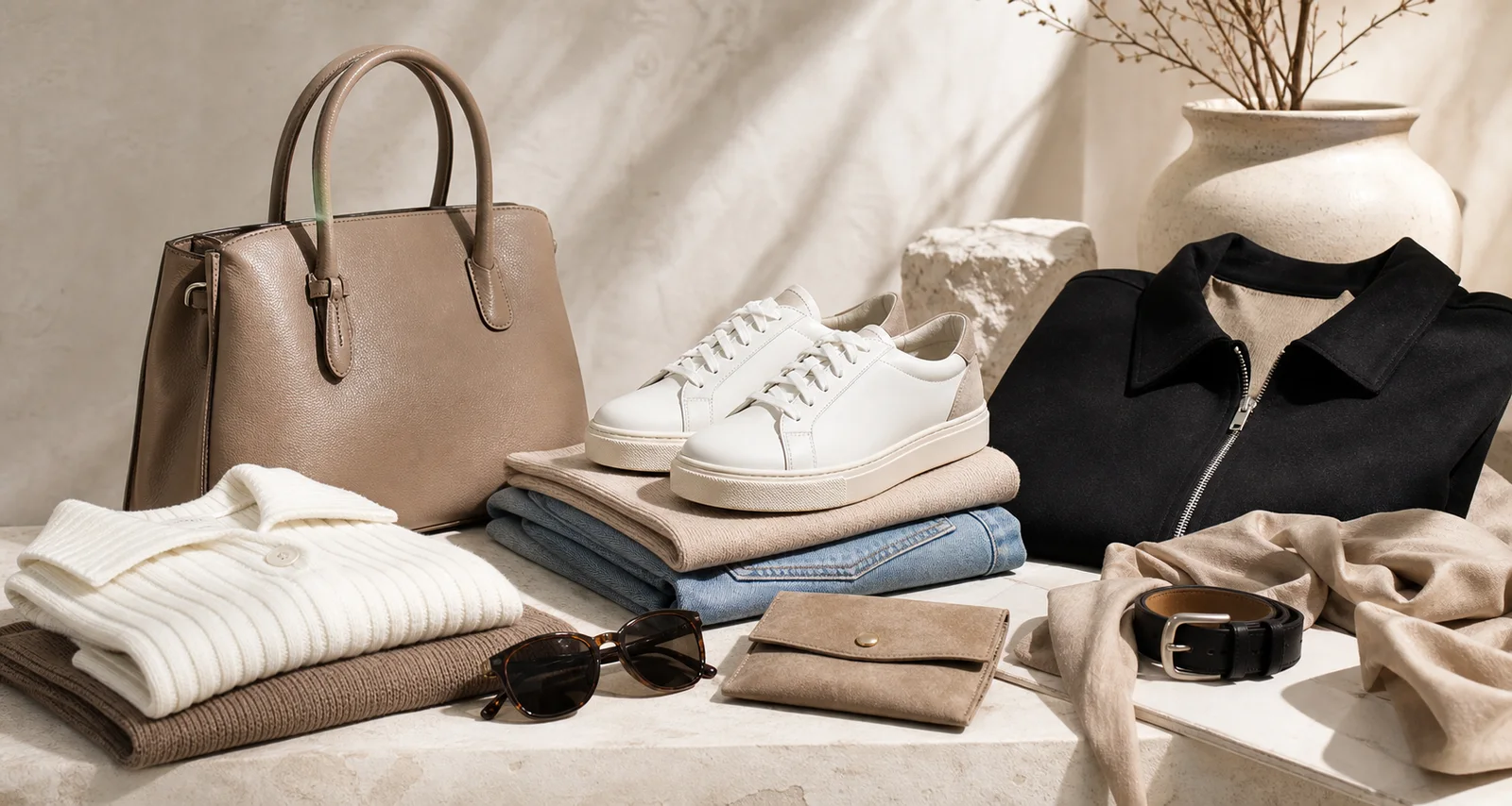 Ultra-realistic AI product photography scene for fashion brand ecommerce campaign imagery, apparel, footwear, handbag, and accessories
