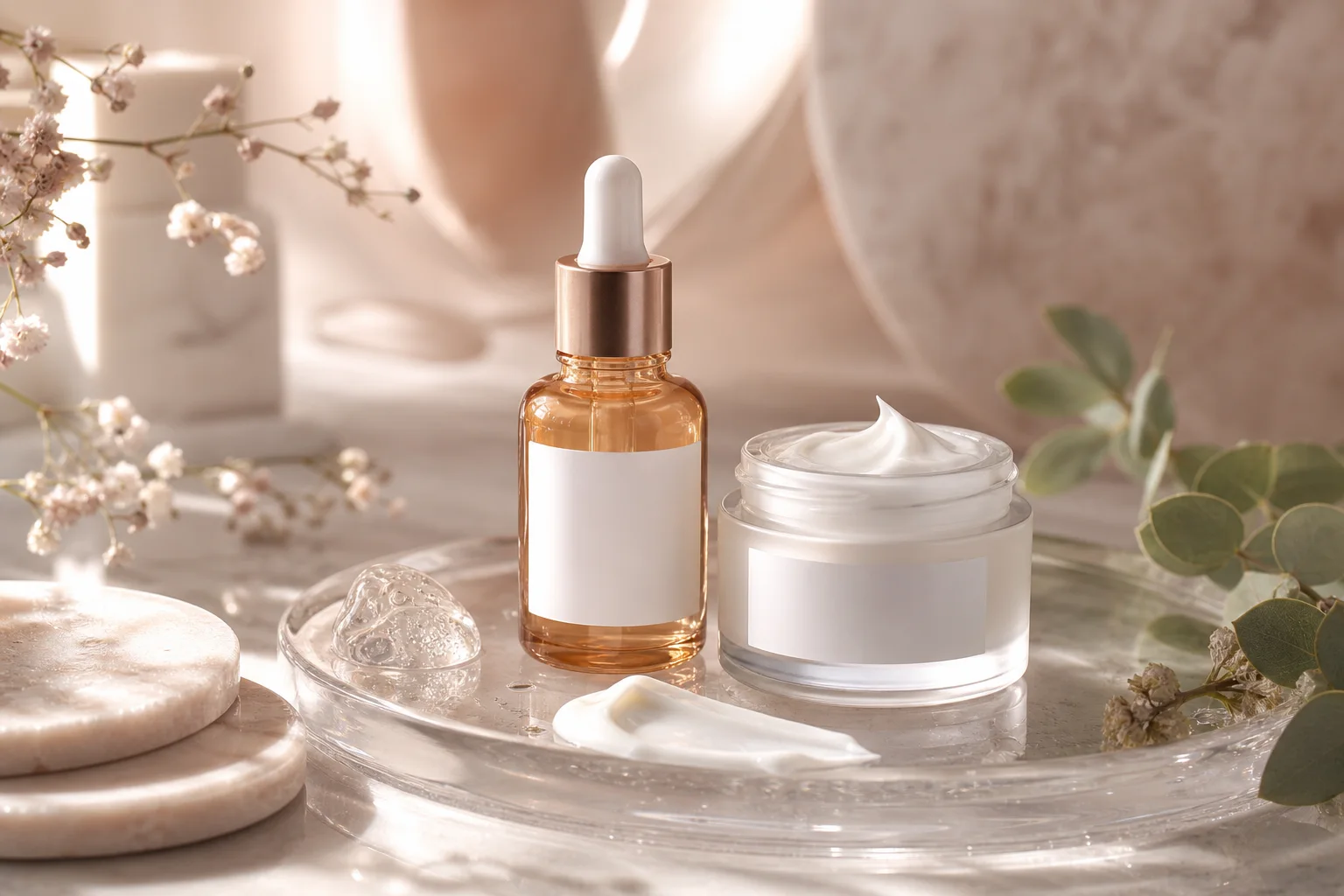 Ultra-realistic AI product photography scene for skincare brand ecommerce visuals, serum bottles, cream jars, and texture details