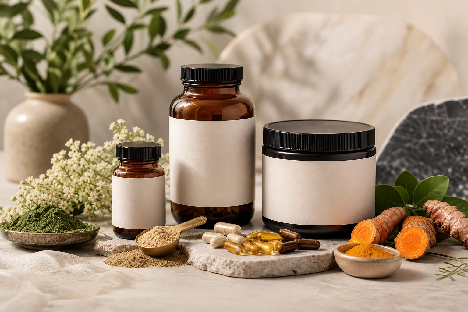 Ultra-realistic AI product photography scene for supplement brand bottle imagery, ingredient visuals, capsules, and powder products
