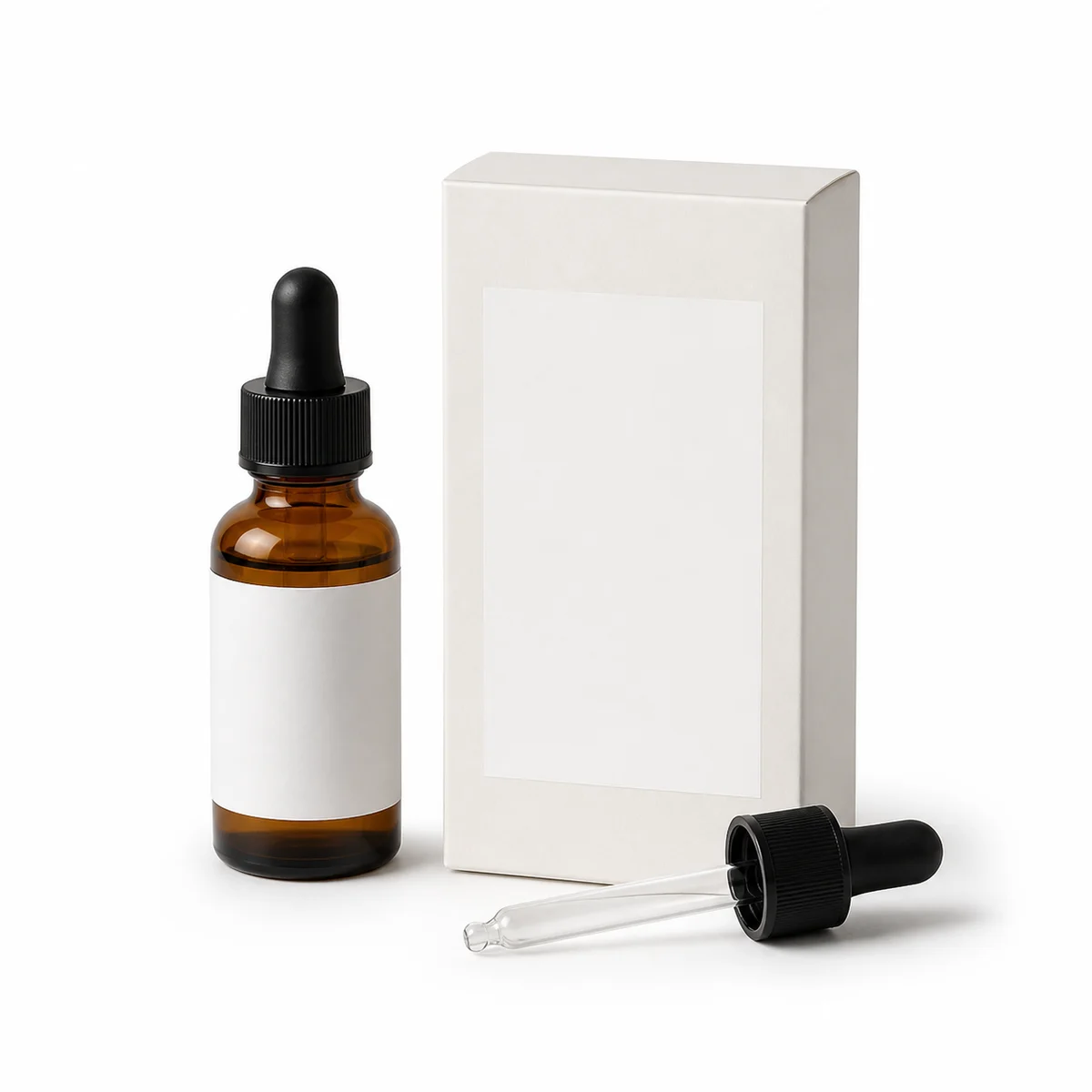 Clean Amazon listing-style product image with bottle, packaging, and dropper on a white background