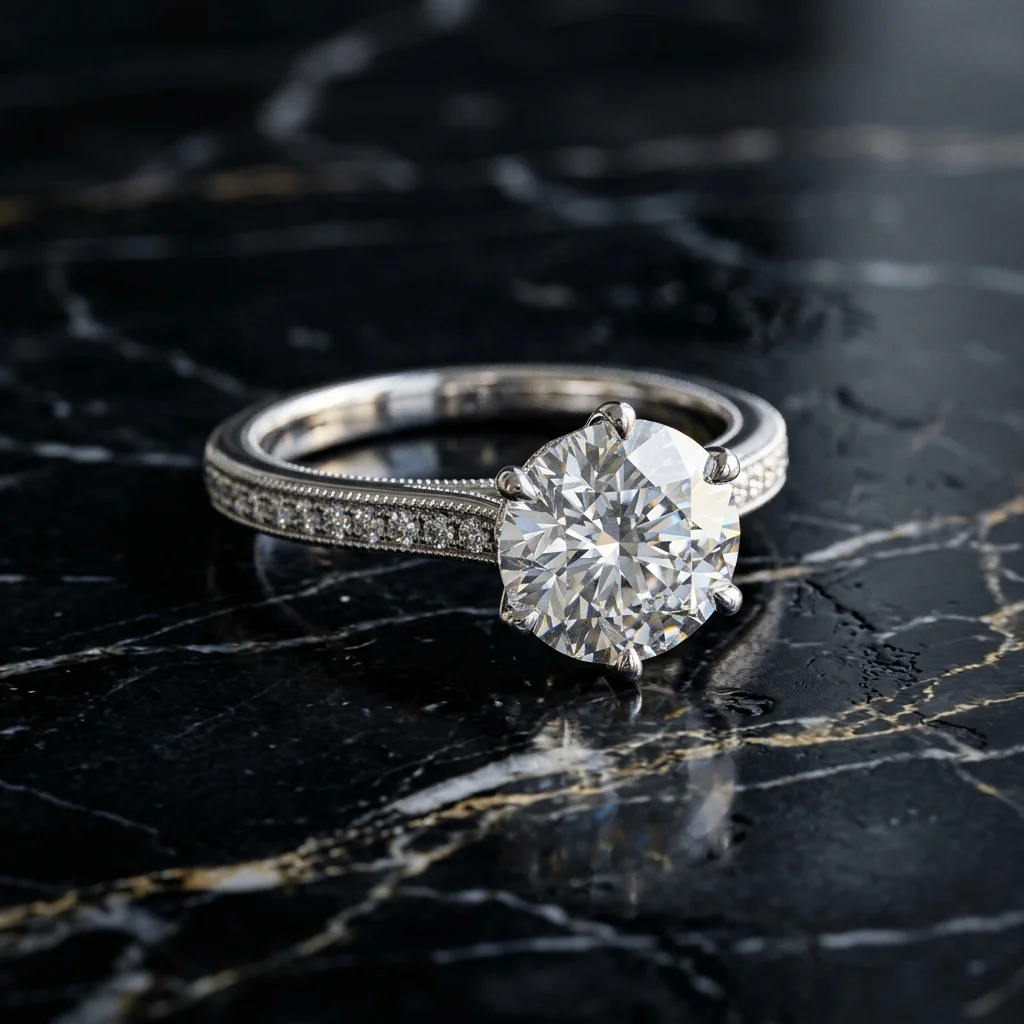 AI product photography for fine jewelry brands — diamond ring on dark marble