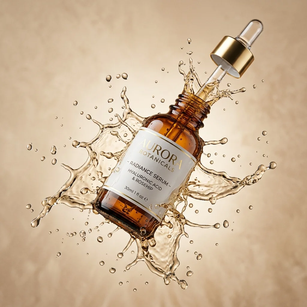 AI product photography for premium skincare brand serum bottle with clean studio lighting